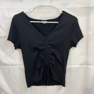 One Step Up women's black ribbed stretch short sleeve tie ruched casual blouse M
